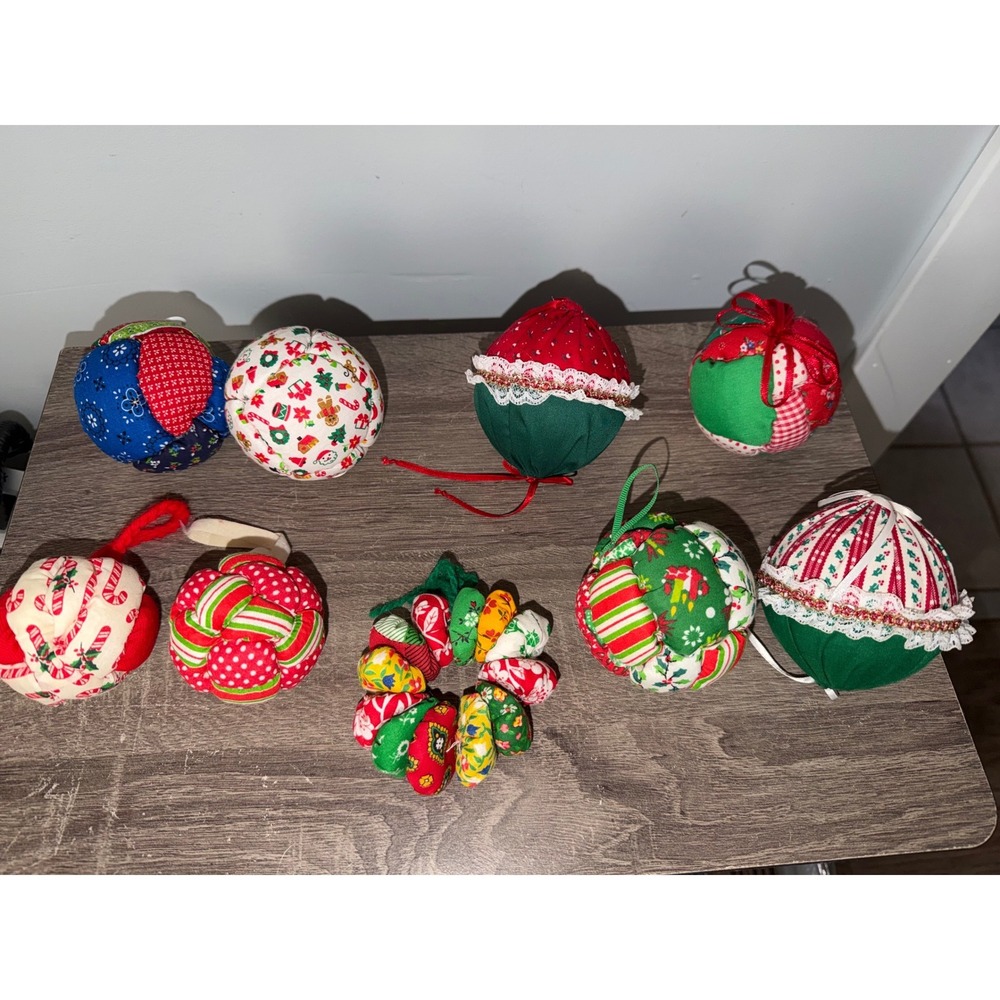 Colorful Vintage Hand Made Quilted Patchwork Christmas Ornaments Lot of 9